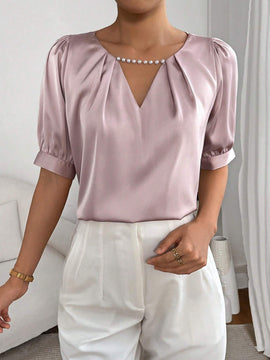 Blusa con cuenta de perla de cuello con abertura de ojo con fruncido de manga farol