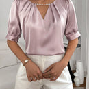 Prive Blusa con cuenta de perla de cuello con abertura de ojo con fruncido de manga farol