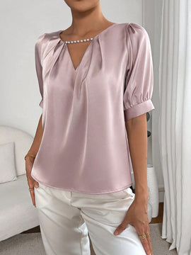 Prive Blusa con cuenta de perla de cuello con abertura de ojo con fruncido de manga farol