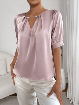 Blusa con cuenta de perla de cuello con abertura de ojo con fruncido de manga farol