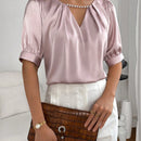 Prive Blusa con cuenta de perla de cuello con abertura de ojo con fruncido de manga farol