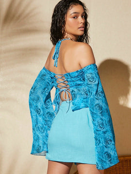VCAY Top con estampado floral bajo con fruncido halter de hombros descubiertos pecho con fruncido