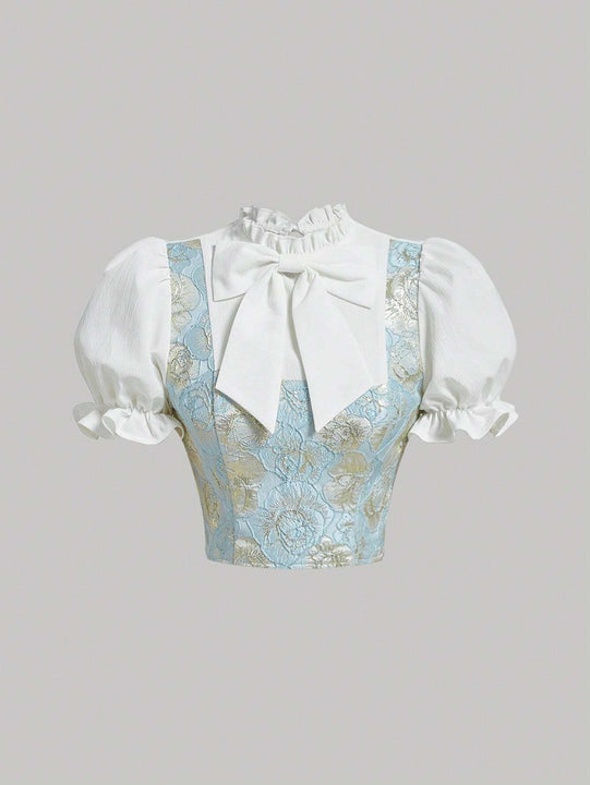 MOD Camisa 2 en 1 con estampado floral de manga farol con lazo delantero