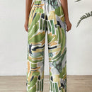 Pantalones de pierna ancha con estampado de pincelada de cintura con cordon