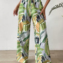 Pantalones de pierna ancha con estampado de pincelada de cintura con cordon