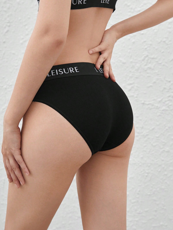 Leisure Conjunto De Sujetador Impreso En Letras Negras Para Las Mujeres, Conjunto De Lenceria