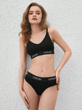Leisure Conjunto De Sujetador Impreso En Letras Negras Para Las Mujeres, Conjunto De Lenceria
