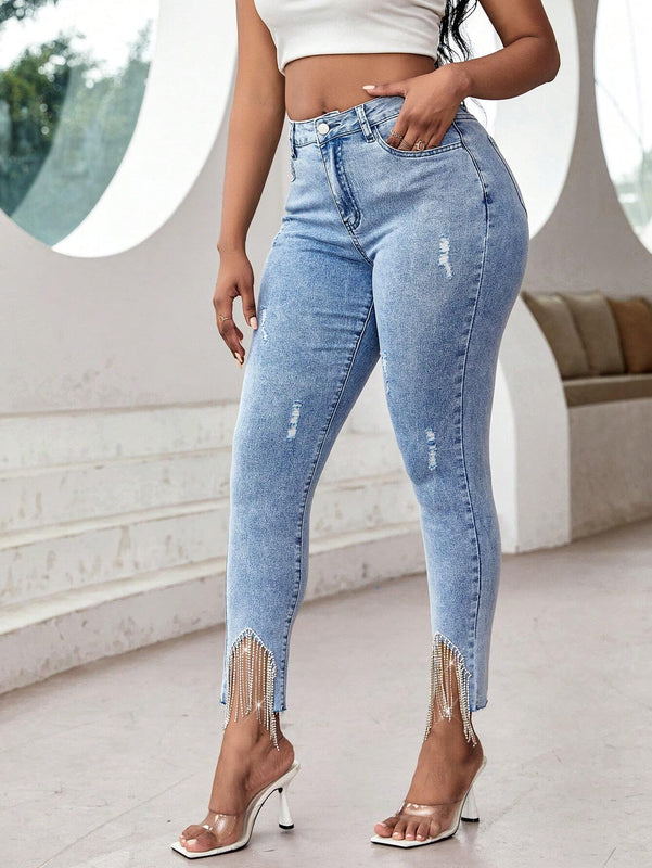 Pantalones ajustados rasgados con borlas de pedreria para fiesta Y2K