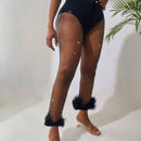 Unity Pantalones con diamante de imitacion con diseno de tachuela de malla ribete lanudo