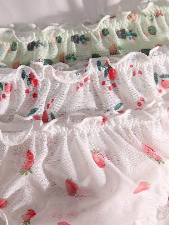 3 piezas Bragas con estampado de fruta ribete en forma de lechuga