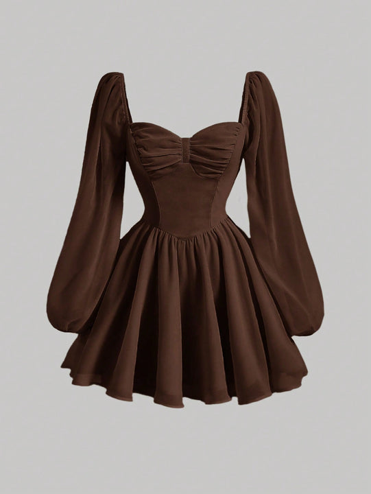 MOD Vestido escote corazon de manga farol pecho con fruncido