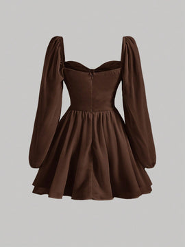 MOD Vestido escote corazon de manga farol pecho con fruncido