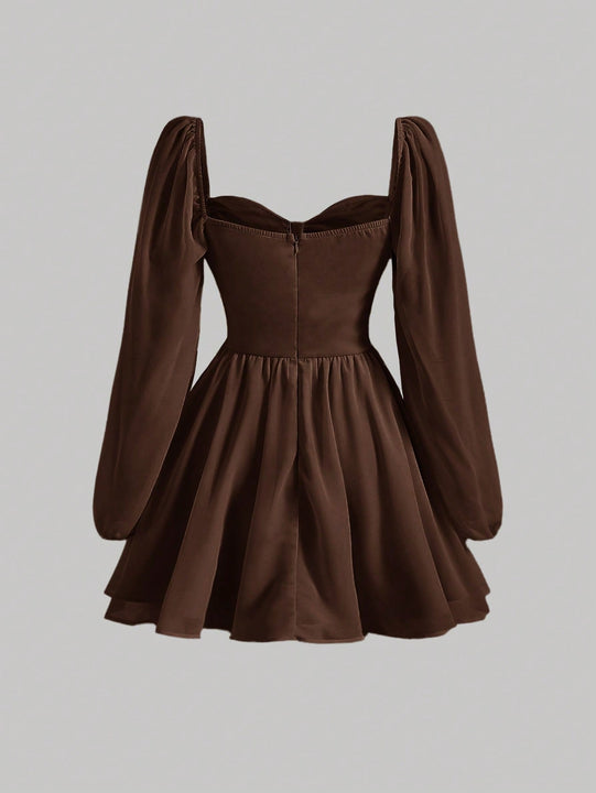 MOD Vestido escote corazon de manga farol pecho con fruncido