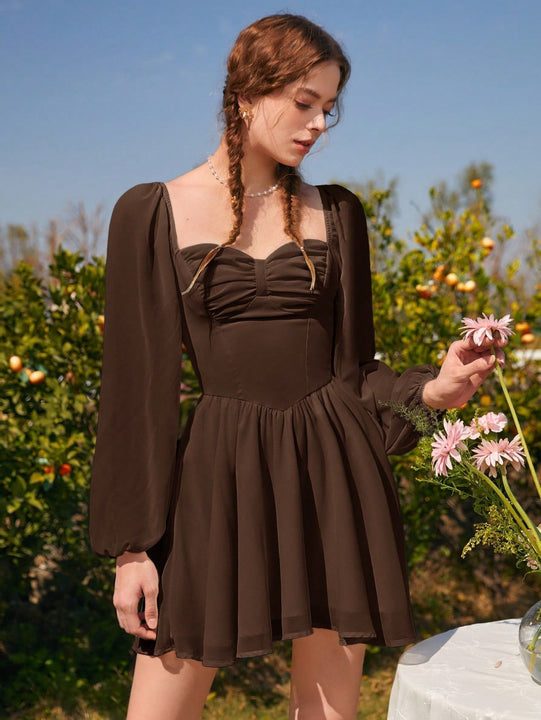 MOD Vestido escote corazon de manga farol pecho con fruncido