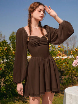 MOD Vestido escote corazon de manga farol pecho con fruncido
