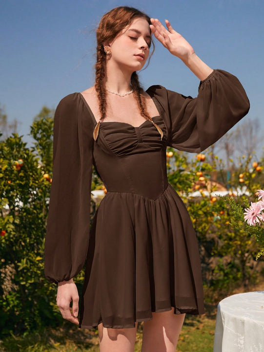 MOD Vestido escote corazon de manga farol pecho con fruncido