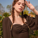 MOD Vestido escote corazon de manga farol pecho con fruncido