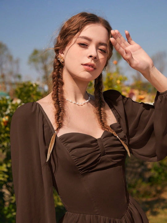 MOD Vestido escote corazon de manga farol pecho con fruncido