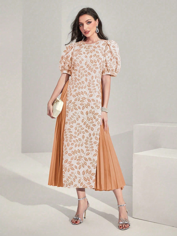 Modely Vestido con estampado de plantas de manga farol bajo fruncido