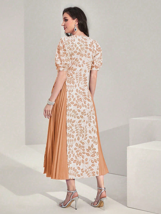 Modely Vestido con estampado de plantas de manga farol bajo fruncido