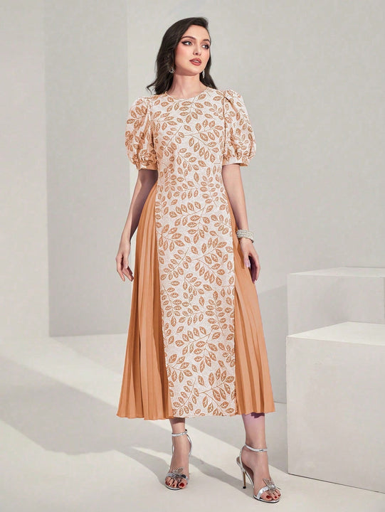 Modely Vestido con estampado de plantas de manga farol bajo fruncido