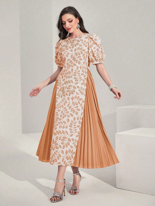 Modely Vestido con estampado de plantas de manga farol bajo fruncido