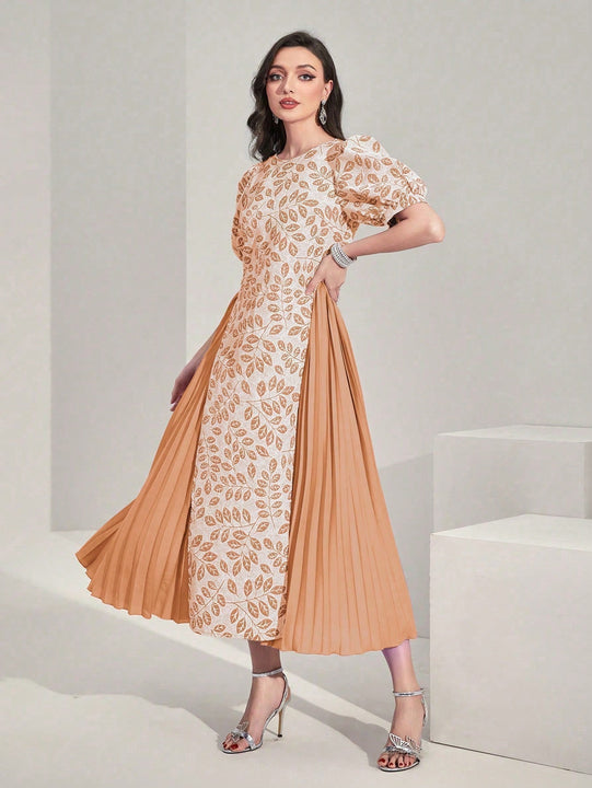 Modely Vestido con estampado de plantas de manga farol bajo fruncido