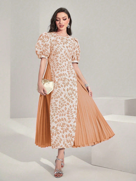 Modely Vestido con estampado de plantas de manga farol bajo fruncido