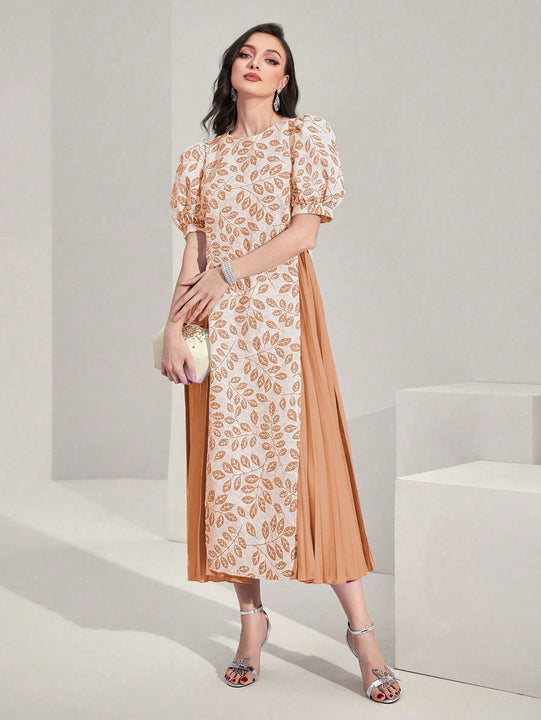 Modely Vestido con estampado de plantas de manga farol bajo fruncido