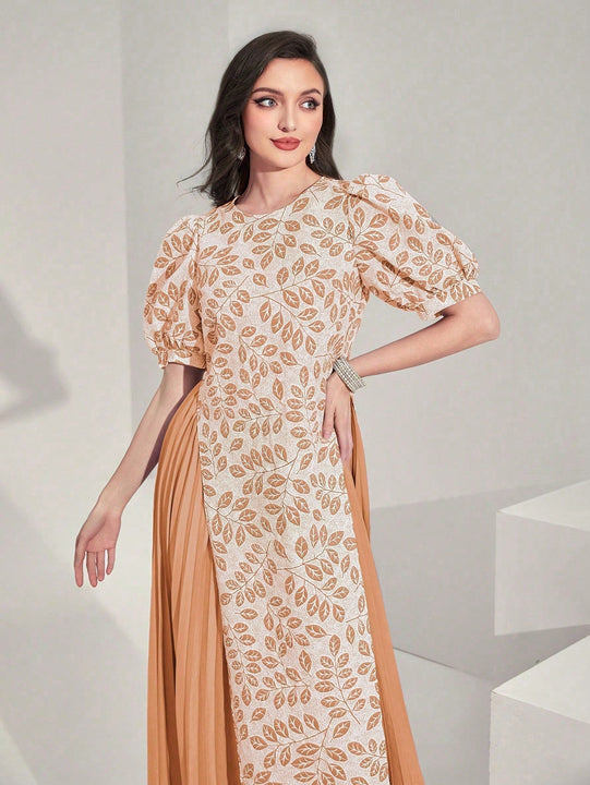 Modely Vestido con estampado de plantas de manga farol bajo fruncido