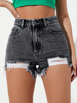 Shorts en mezclilla con estampado de cara de dibujos animados bajo crudo