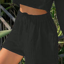 Shorts de pierna ancha unicolor de cintura con cordon