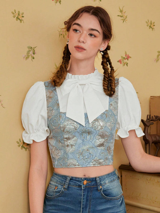 MOD Camisa 2 en 1 con estampado floral de manga farol con lazo delantero