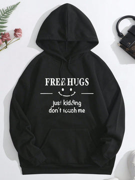 Ezwear sudadera con capucha termica con bolsillo de canguro con cordon, grafico de eslogan "free hugs just kidding don't touch me"