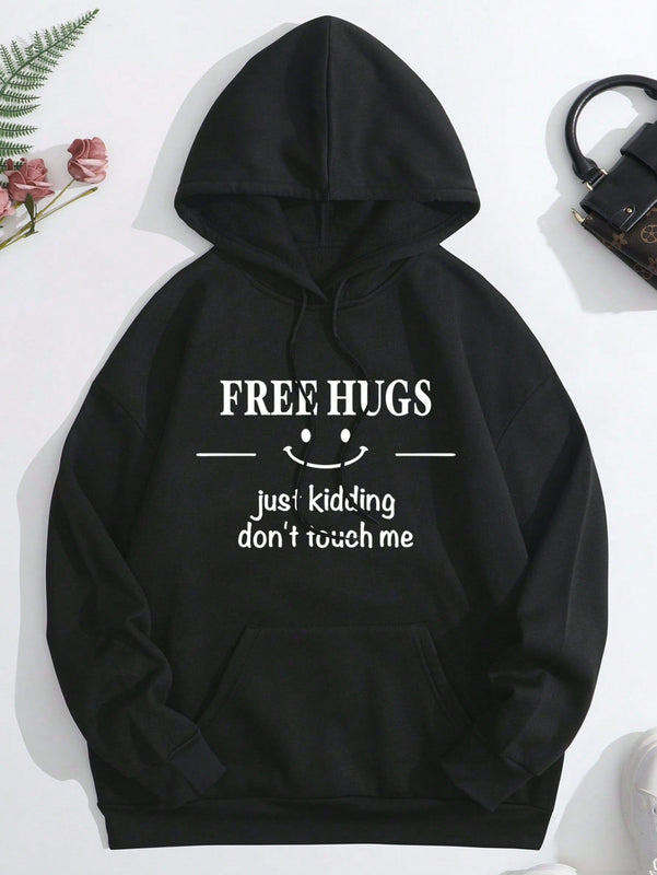 Ezwear sudadera con capucha termica con bolsillo de canguro con cordon, grafico de eslogan "free hugs just kidding don't touch me"