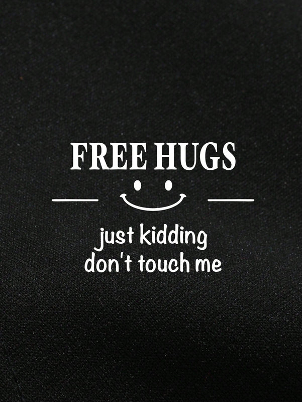 Ezwear sudadera con capucha termica con bolsillo de canguro con cordon, grafico de eslogan "free hugs just kidding don't touch me"