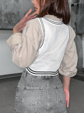 Unity Chaleco de punto crop ribete de rayas sin camisa