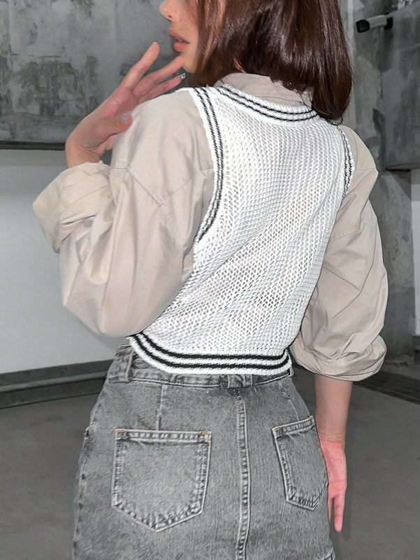 Unity Chaleco de punto crop ribete de rayas sin camisa