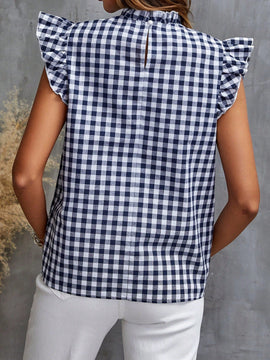 Clasi Blusa con estampado de guingan ribete con fruncido de cuello alto