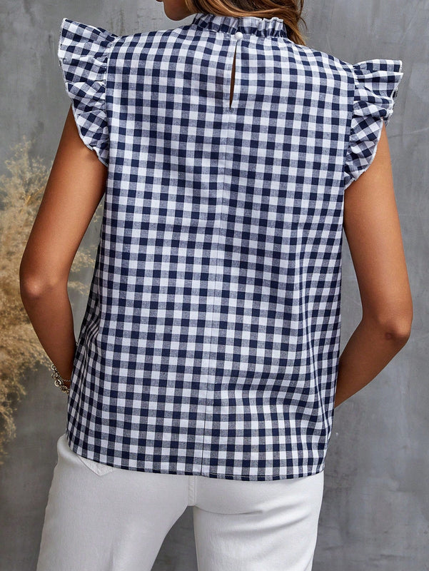 Clasi Blusa con estampado de guingan ribete con fruncido de cuello alto