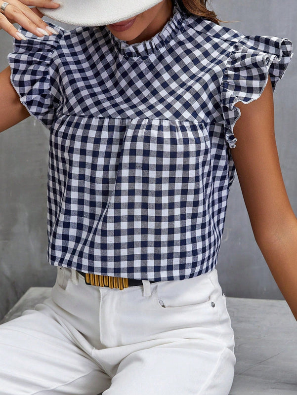 Clasi Blusa con estampado de guingan ribete con fruncido de cuello alto
