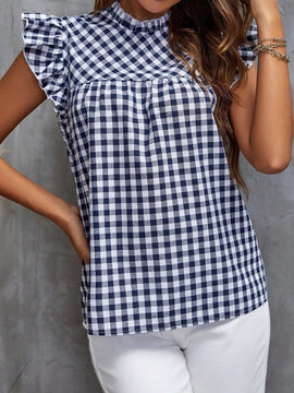 Clasi Blusa con estampado de guingan ribete con fruncido de cuello alto