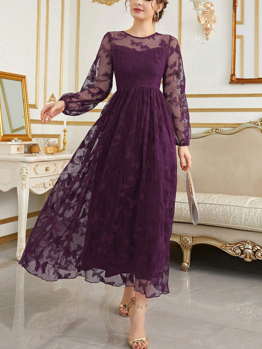 Modely Vestido con bordado de mariposa de malla de manga farol