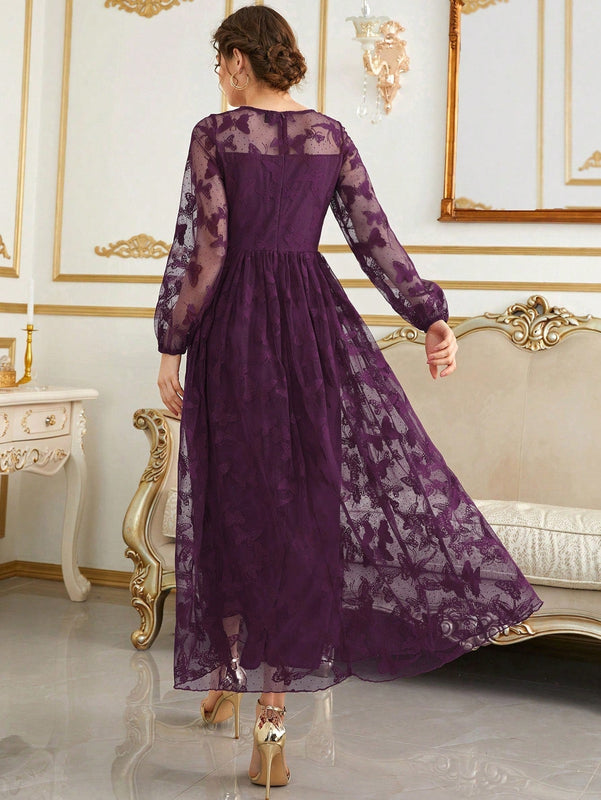 Modely Vestido con bordado de mariposa de malla de manga farol