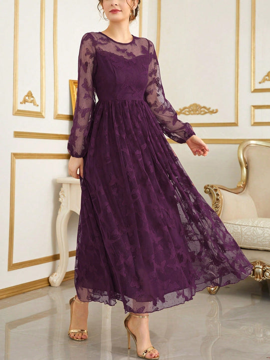 Modely Vestido con bordado de mariposa de malla de manga farol