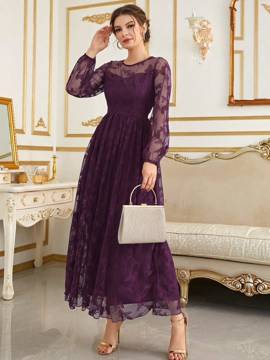 Modely Vestido con bordado de mariposa de malla de manga farol