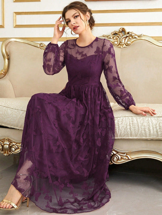 Modely Vestido con bordado de mariposa de malla de manga farol