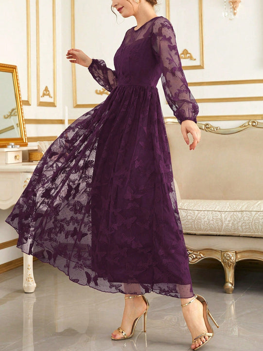 Modely Vestido con bordado de mariposa de malla de manga farol