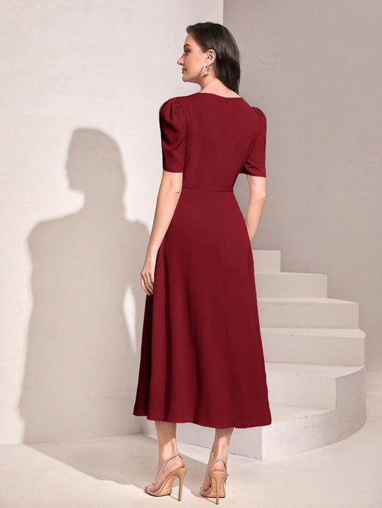 Modely Vestido de manga farol bajo fruncido