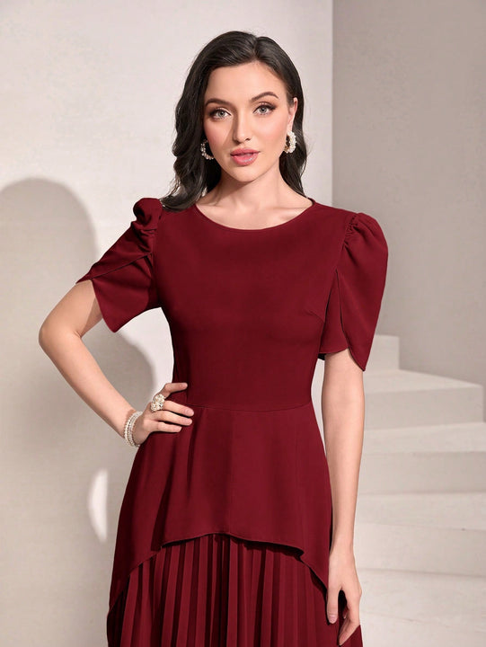 Modely Vestido de manga farol bajo fruncido